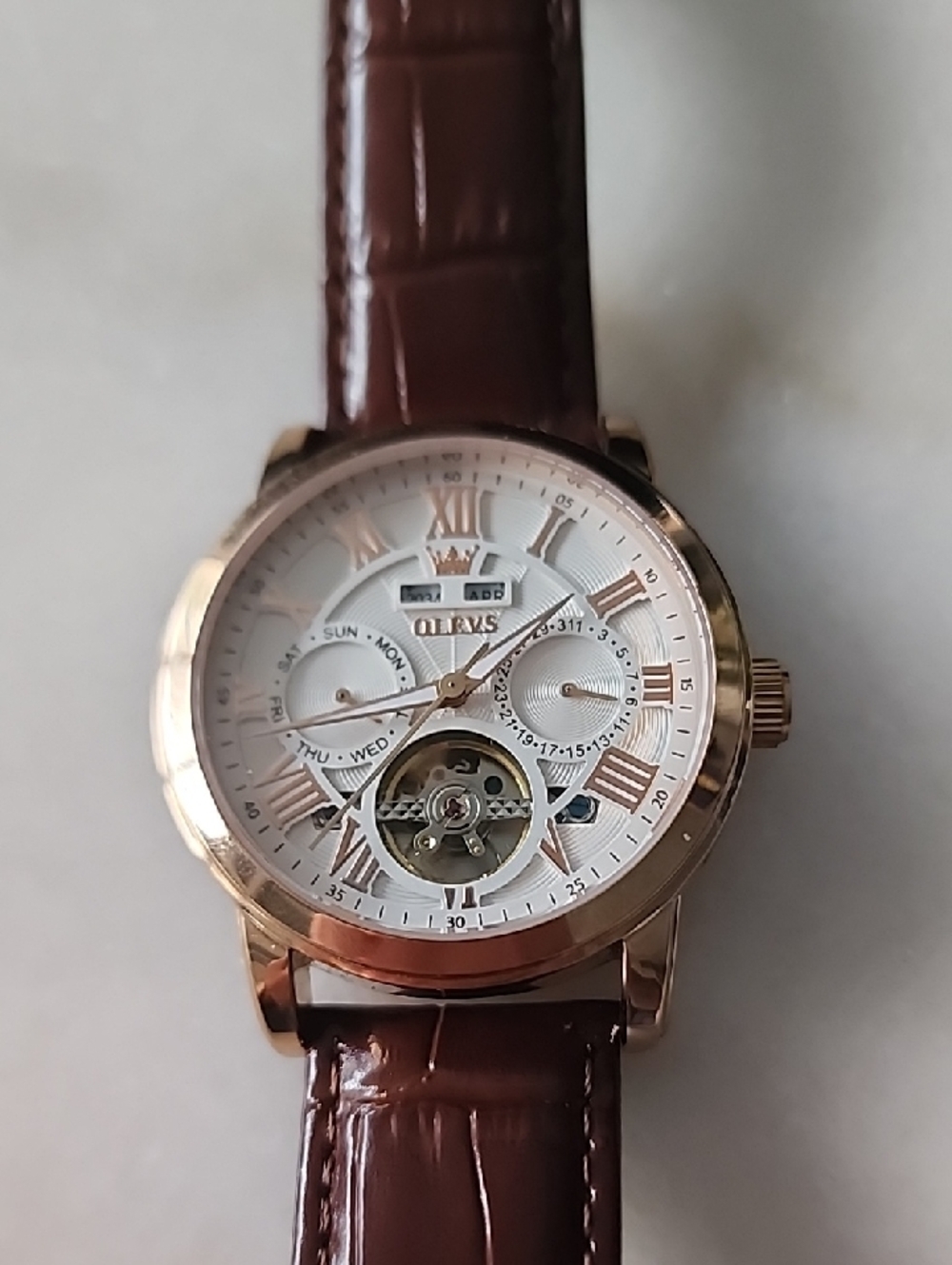 OLEVS Brown Leather Men's Watch-Style Crossbody Bag